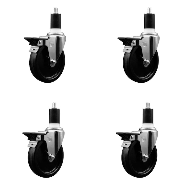 5'' Phenolic Swivel 1-1/2'' Expanding Stem Caster Set with Brake, 4PK